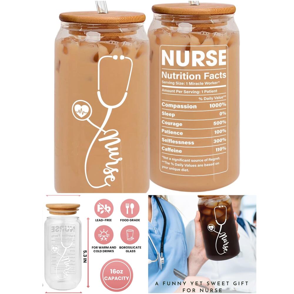 NEW Nurse Nutrition Facts Glass Cup with Lid & Straw
